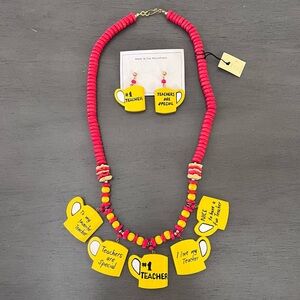 Yellow Wood Bead Love Teacher Coffee Cup Necklace Handmade Painted Philippines